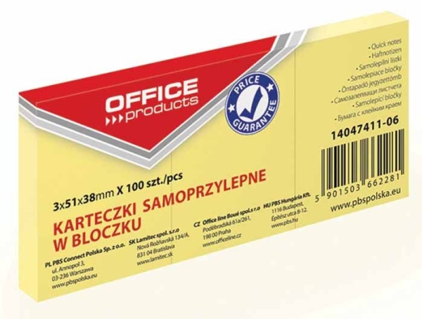 Office Products selvklæbende blok 38x51 mm, 1x100 kort, pastelfarvet, lys gul