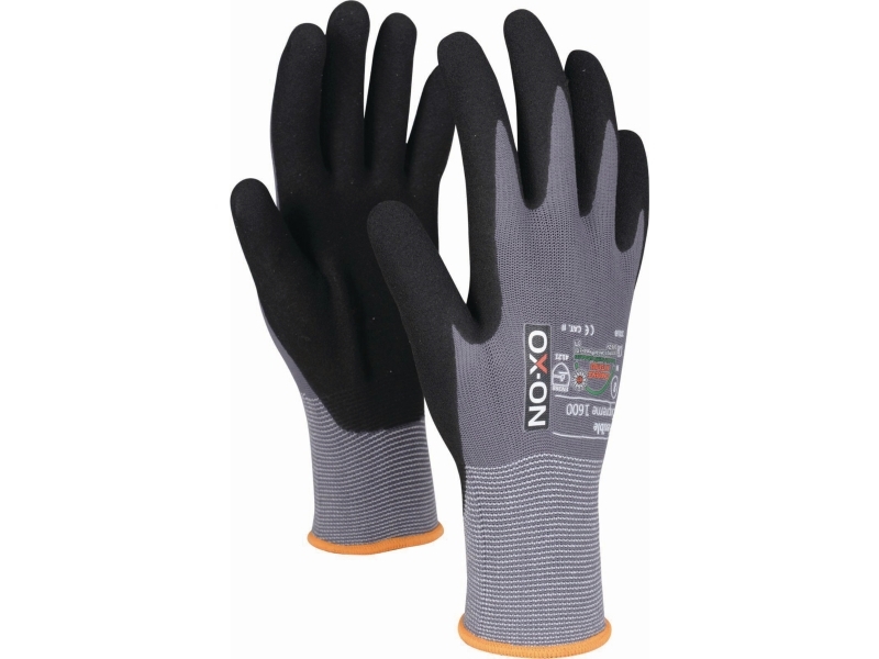 Arbejdshandsker, OX-ON Flexible Supreme 1600, sort/grå, str. 12
