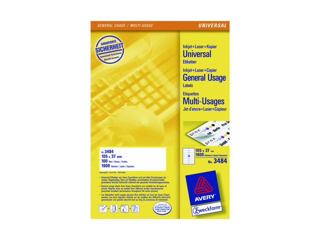 Avery - Hvid - 105 x 37 mm 1600 etikette(r) (100 ark x 16) etiketter til flere formål