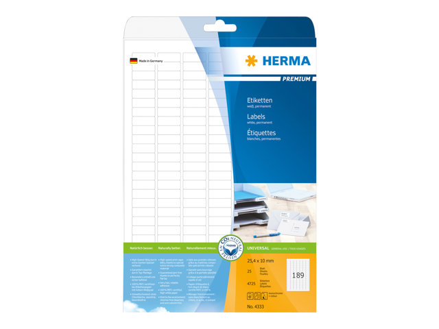 Herma Etiketten Premium A4 25.4X10 Mm Weiß Papier Matt 4725 St., Weiß, Selbstklebendes Druckeretikett, A4, Papier, Laser/Inkjet, Permanent