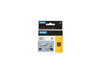 Texttejp Dymo Rhino Industrial, krympslang, 12 mm, svart/vit