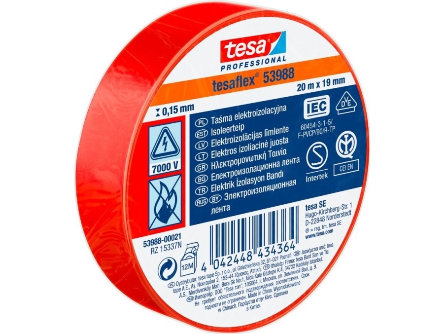 Tesa TASMA ELEKTROIZOL.5000V PCW 20M:19MM CZERWONA (H5394888) H5398821 TESA
