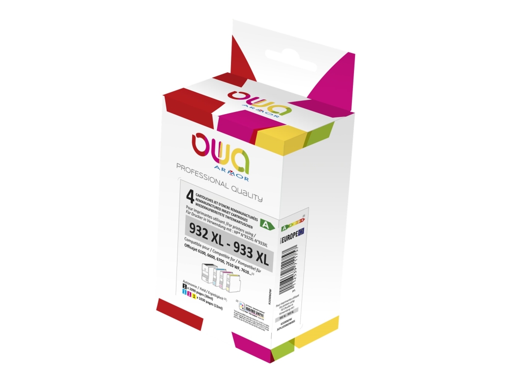 Owa - 4 Pakker - Sort, Gul, Cyan, Magenta - Kompatibel - Genproduceret - Blækpatron (Alternativ Til: Hp 932Xl, Hp 933Xl) - For Hp Officejet 6100, 660