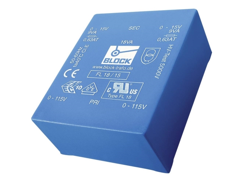 Block FL 18/12 Printtransformator 2 x 115 V 2 x 12 V/AC 18 VA 750 mA
