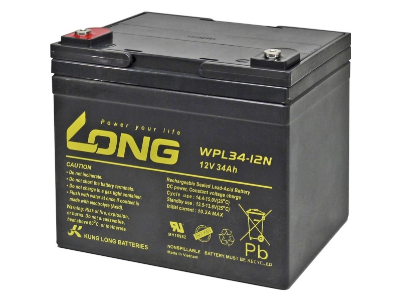 Long WPL34-12 Blybatteri 12 V 34 Ah Blyfleece (B x H x T) 197 x 170 x 131 mm M5 skruetilslutning Lav selvafladning, Vedligeholdelsesfri