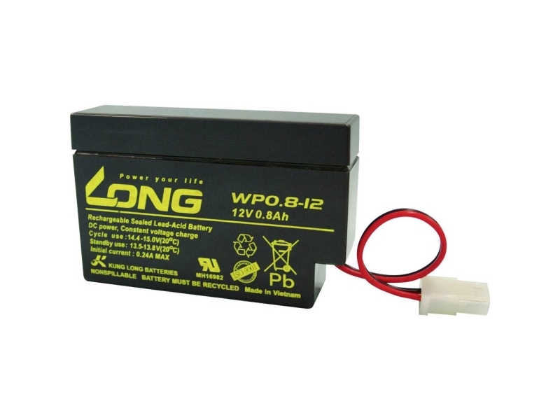 Pitkä WP0.8-12 Lyijyakku 12 V 0,8 Ah Lyijyakku (B x K x S) 96 x 62 x 25 mm AMP-holkki Vähäinen itsepurkautuminen, huoltovapaa