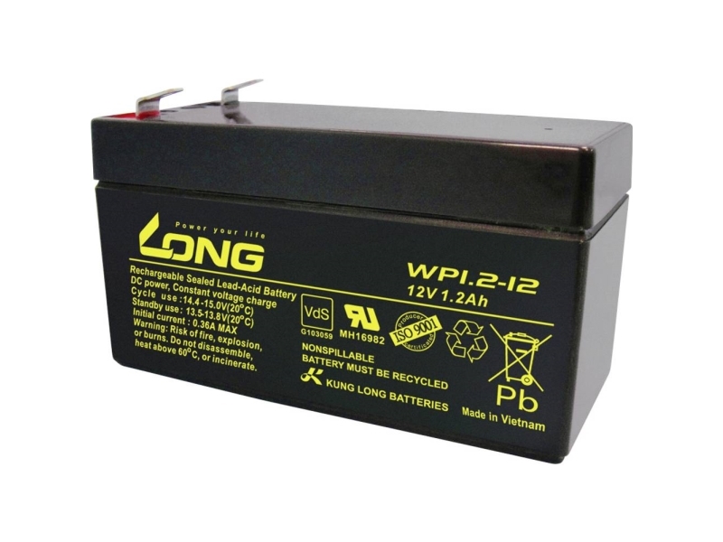 Long WP1.2-12 Blybatteri 12 V 1.2 Ah Blyfleece (B x H x T) 97 x 59 x 43 mm Fladstik 4,8 mm VDS-certifikation, Lav selvafladning, Vedligeholdelsesfri