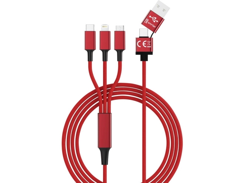 Smrter Usb-Opladerkabel Usb 2.0 Usb-A-Hanstik, Usb-C Stik, Apple Lightning-Stik , Usb-Micro-B-Hanstik 1.20 M Rød Smrter_Hydra_Ult_Rd