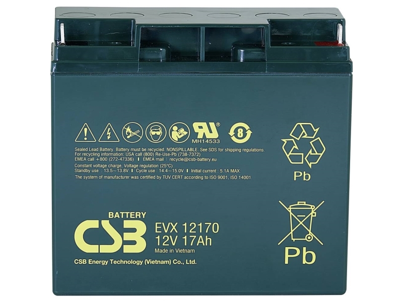 CSB Battery EVX 12170 EVX12170 Blybatteri 12 V 17 Ah Blyfilt (B x H x D) 181 x 167 x 76 mm M5-skruvanslutning Cykelstabil, underhållsfri, låg | Batterier - Bly-syra-batterier | GameStuff