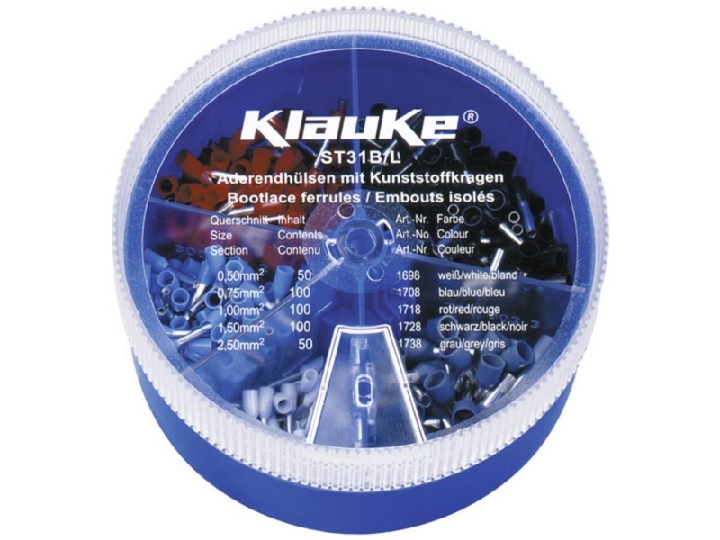 Klauke St31b Kabelsko Sortiment 0.5 Mm² 0.75 Mm² 1 Mm² 1.5 Mm² 2.5 Mm² Delvist Isoleret Hvid Blå Rød Sort Grå 400 Teile