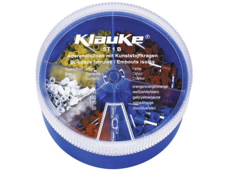 Klauke St1b Kabelsko Sortiment 0.5 Mm² 0.75 Mm² 1. Mm² 1.5 Mm² 2.5 Mm² Delvist Isoleret Orange Hvid Gul Rød Blå 400 Teile