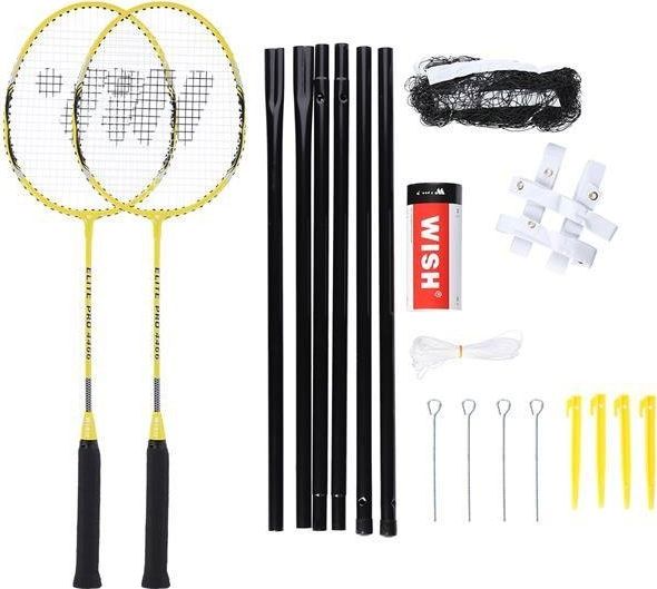 Wish Alumtec 4466 Badminton-Set, Gelb 2 Stk. + Federbälle 3 Stk. + Netz + Linien