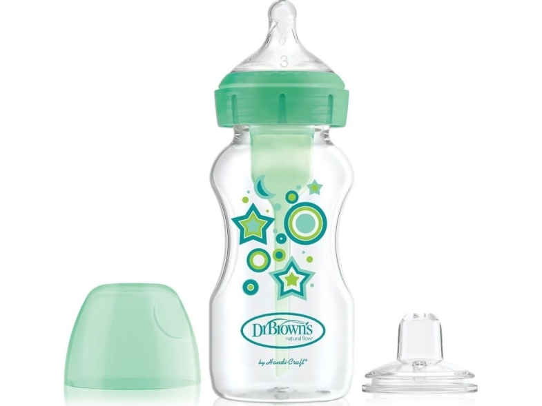 WB91606-SET FROM BOTTLE TO NIPPLE - GREEN/BOTTLE. WIDE-NECK 270ML OPTIONS+DECOR GREEN, MED NIPPEL + 6M OG NON-CAP MUNDSTYKKE