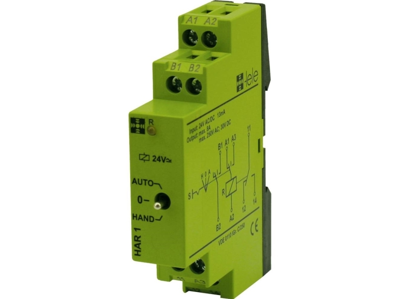 Tele Har1 24 V/Ac/Dc Industrirelæ Nominel Spænding: 24 V/Dc, 24 V/Ac Brydestrøm (Max.): 5 A 1 X Skiftekontakt 1 Stk