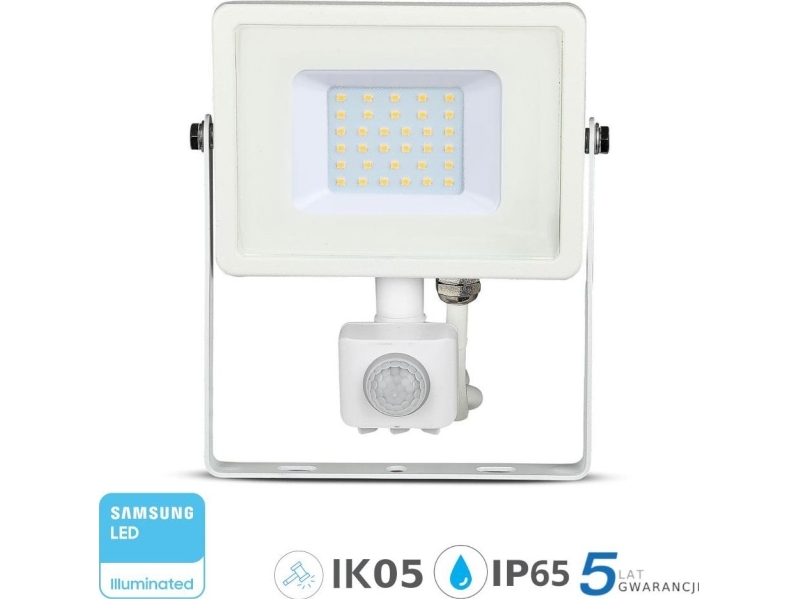 V-Tac Flomlys Led-Projektor 30W 2400Lm 6400K Samsung-Diode Med Pir-Bevegelsessensor Hvit Ip65 459