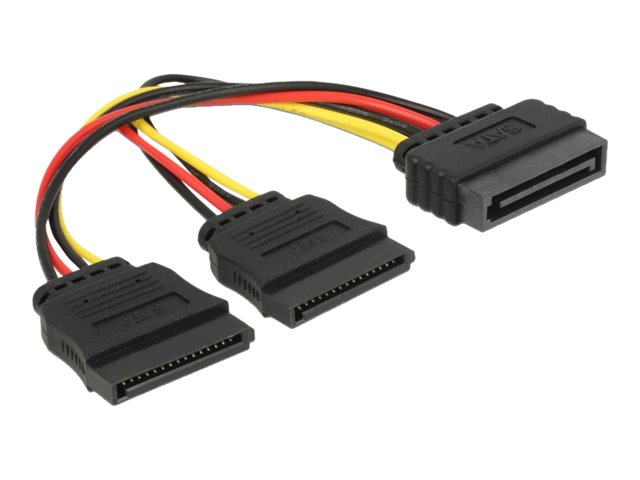 Delock - Strøm-Splitter - Sata Strøm (Han) Lige Til Sata Strøm (Hun) Lige - 15 Cm - Sort, Gul, Rød