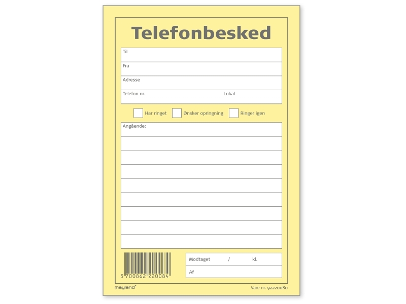 Telefonbesked A6, blok med 100 ark, gul