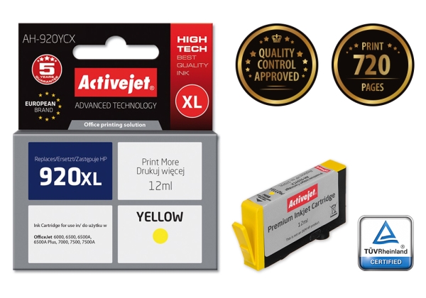 Activejet Ah-920Ycx Tintenpatrone (Ersatz Für Hp 920Xl Cd974ae Prämie 12Ml Gelb), Hohe (Xl-) Ausbeute, Tinte Auf Farbstoffbasis, 12 Ml, 1 Stück(E), E