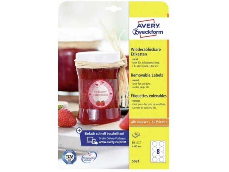 Avery 5081 Ø 65 Mm, A4, Hvid Med Avery's 5081 Aftagelige Runde Produktetiketter Er Det Nemt At Lave Flotte Etiketter Til Dine Produkter, Hjemmelavet