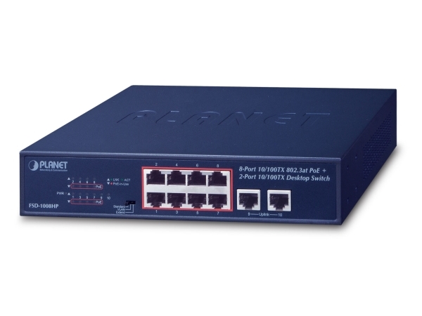Planet Fsd-1008Hp, Unmanaged, Fast Ethernet (10/100), Vollduplex, Power Over Ethernet (Poe), Rack-Einbau, 1U