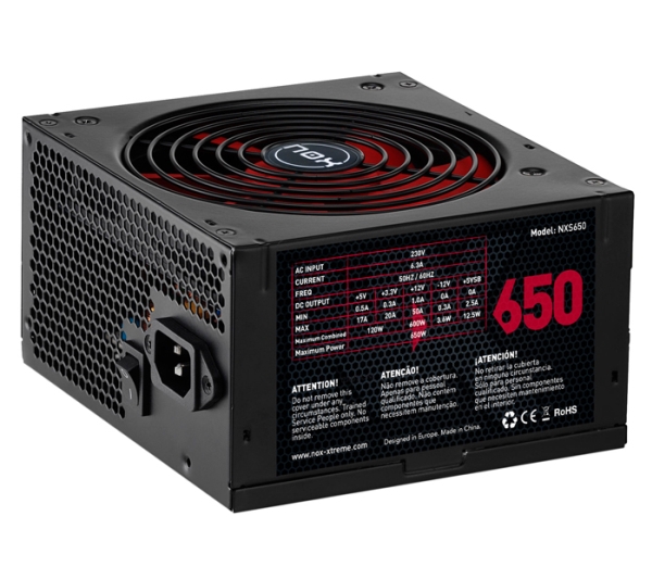 Nox Nxs650, 650 W, 230 V, 50 - 60 Hz, 6,3 A, +12V,+3.3V,+5V,-12V,-5Vsb, Aktiv