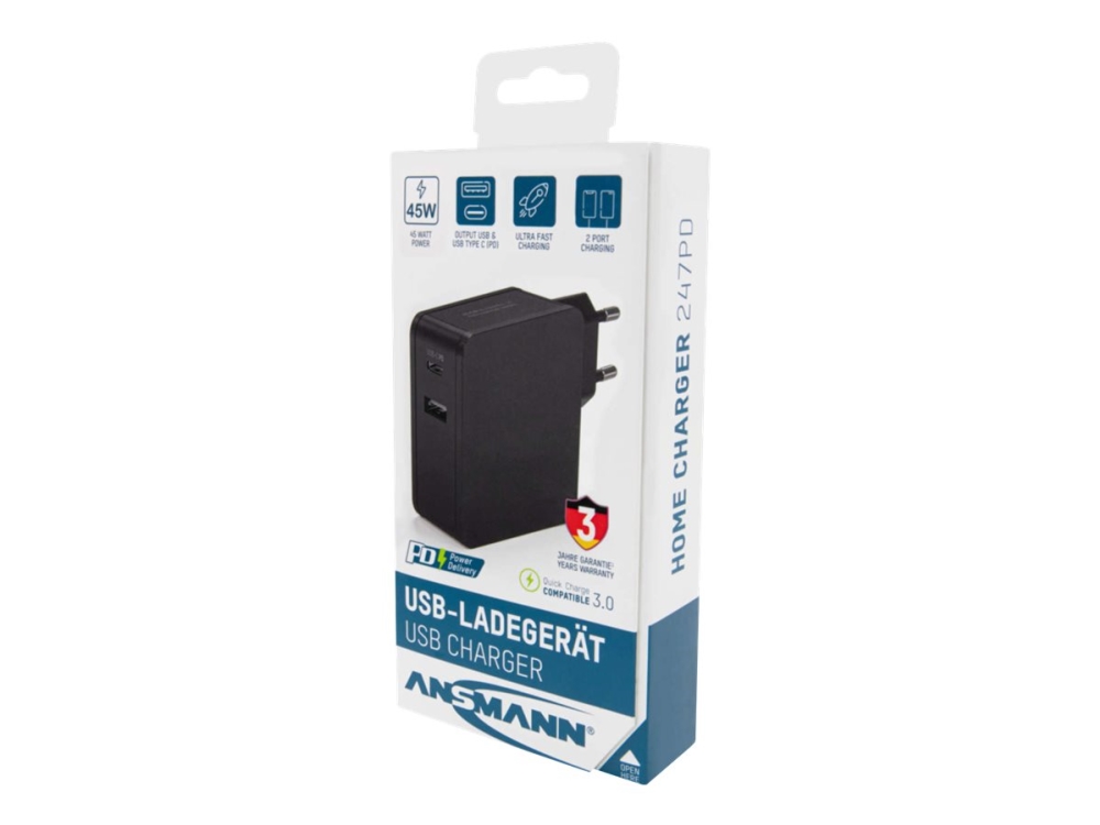 Ansmann 247Pd - Netzteil - 45 Watt - 4700 Ma - Pd, Qc 3.0 - 2 Ausgangsstecker (Usb, Usb-C) - Schwarz