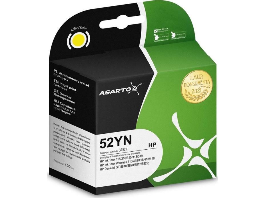 Asarto Blæk Til Hp 52Yn | M0h56ae | 100 Ml | Gul