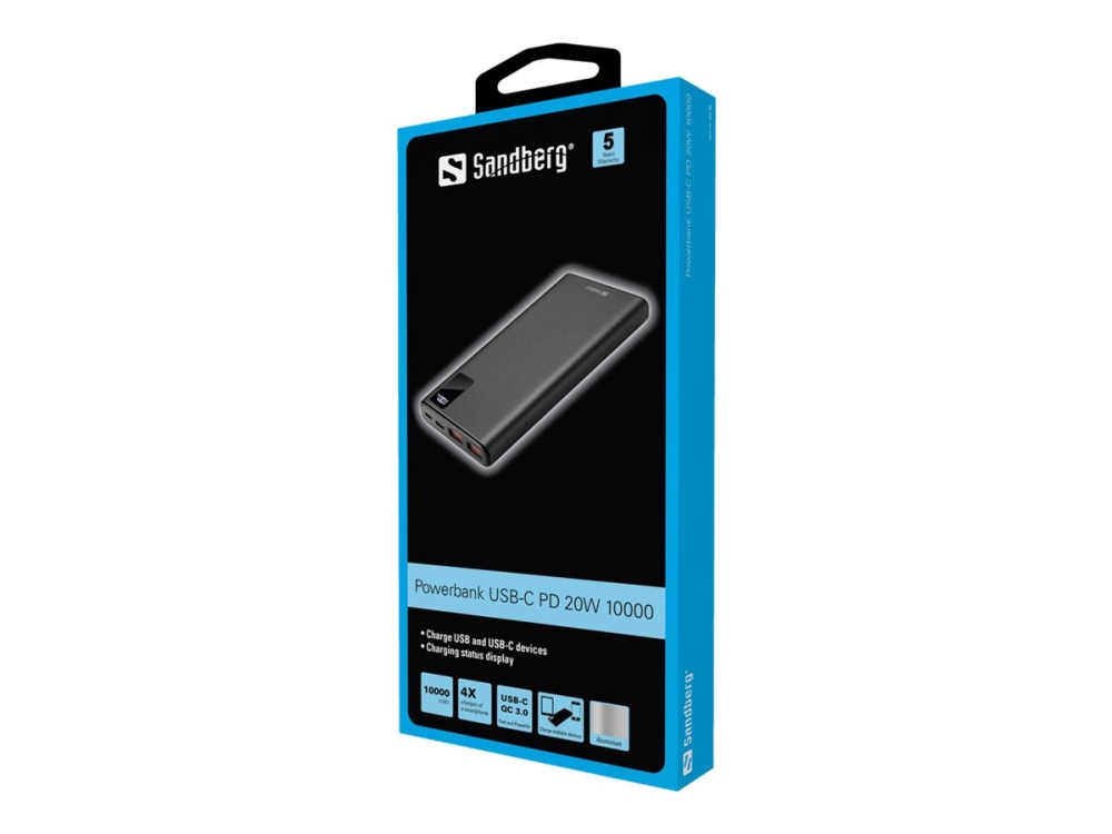 Sandberg - Powerbank - 10000 mAh - 37 Wh - 20 Watt - 3 A - QC 3.0, PD - 3 output-stikforbindelser (2 x USB, USB-C) - på kabel: USB-C