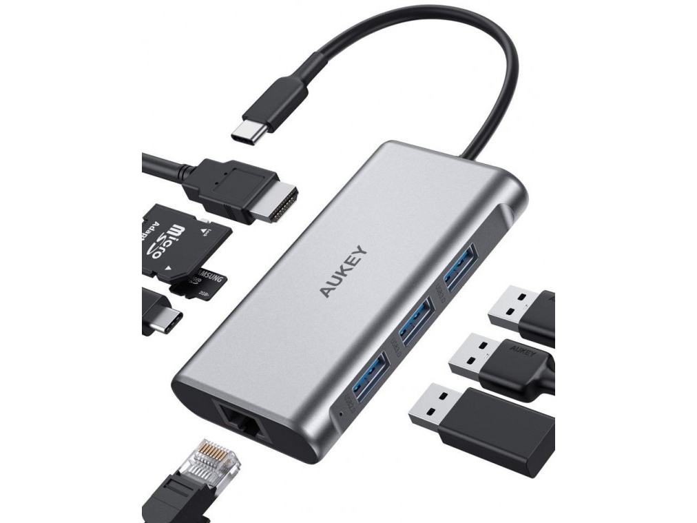Aukey Cb-C91 Aluminium Hub Usb-C | 8W1 | Rj45 Ethernet 10/100/1000Mbps | 3Xusb 3.1 | Hdmi 4K@30Hz | Sd Und Micro Sd | Usb-C Netzteil 100 W