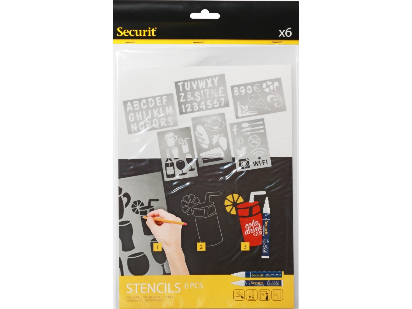 Securit Schablonenset Mit Sechs Buchstaben, Zahlen Und Figuren