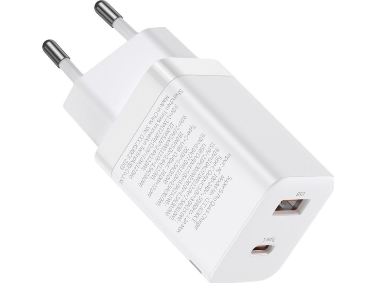 Baseus Ladegerät Baseus Super Si Pro Schnellladegerät Usb + Usb-C 30W (Weiß)