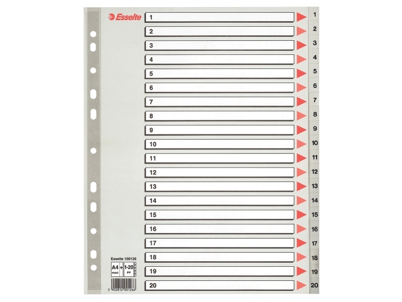 Register, Esselte, plast, A4+, grå, 1-20 | Arkivering - Tabblad - PP-Tabblad & Register | GameStuff