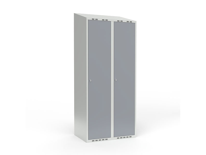 Koulun kaappi 2x400 Kalteva katto 1 lokeron korkeus Valkoinen teräsovi Lukkokahva Varustelukahva