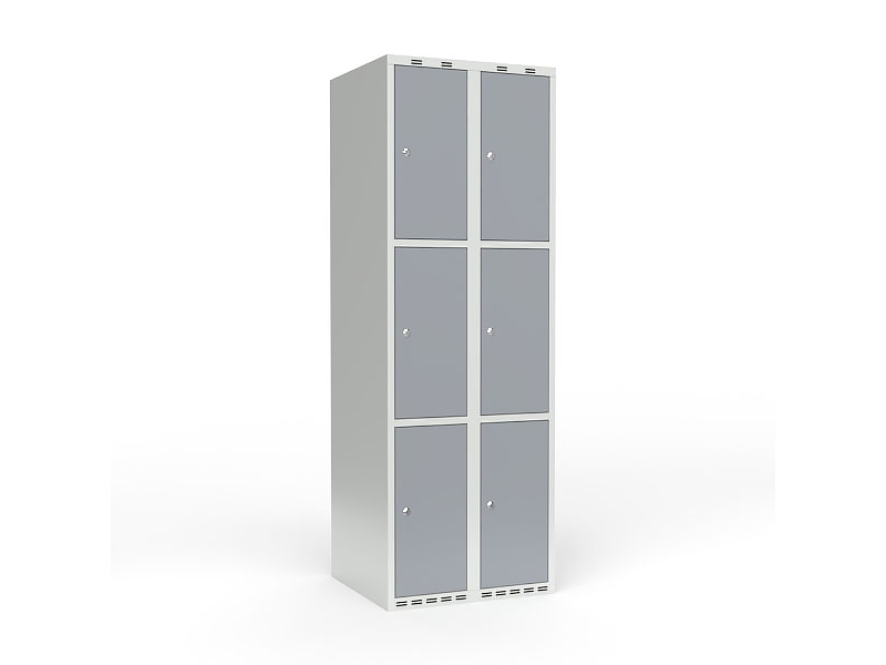 Skoleskab 2x300 Skråt tag 3 rum i højden Grå ståldør Greb for hængelås