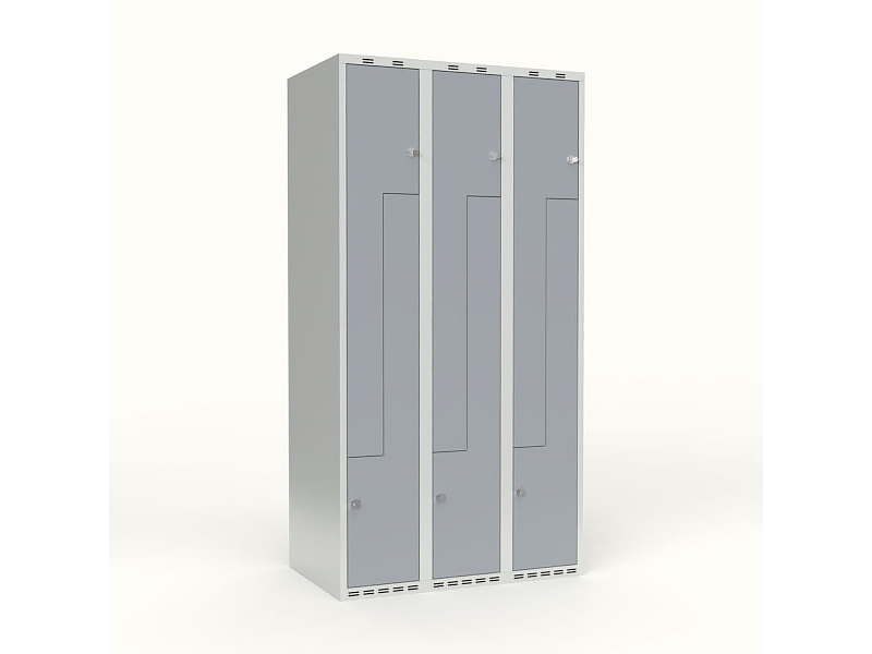 Koulun kaappi 3x300 Viisto katto, Z-ovi Harmaa teräsovi Lukkokahva Varustelukahva