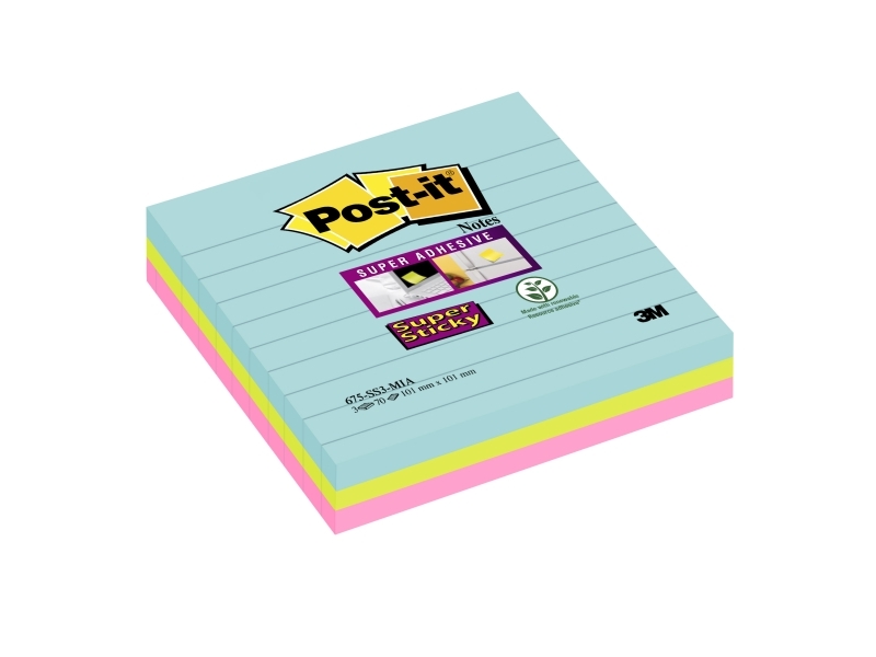 Post-It 675-3Ssmia, Firkant, Blå, Lyserød, Gul, Papir, Supernova Neons, Usa