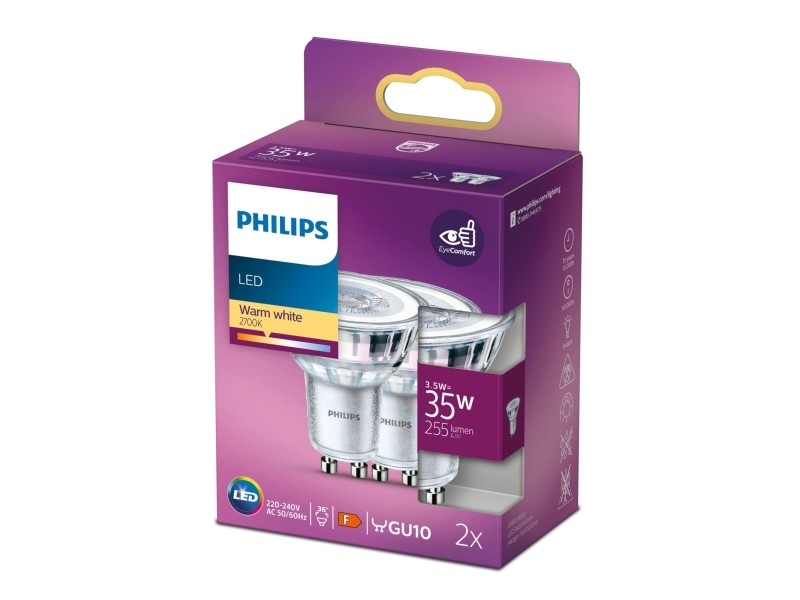 Philips Spot - LED-spotlight - GU10 - 3.5 W (motsvarande 35 W) - klass F - varmt vitt ljus - 2700 K (paket om 2) | Belysning - Ljuskälla - GU10 Ljuskälla | GameStuff