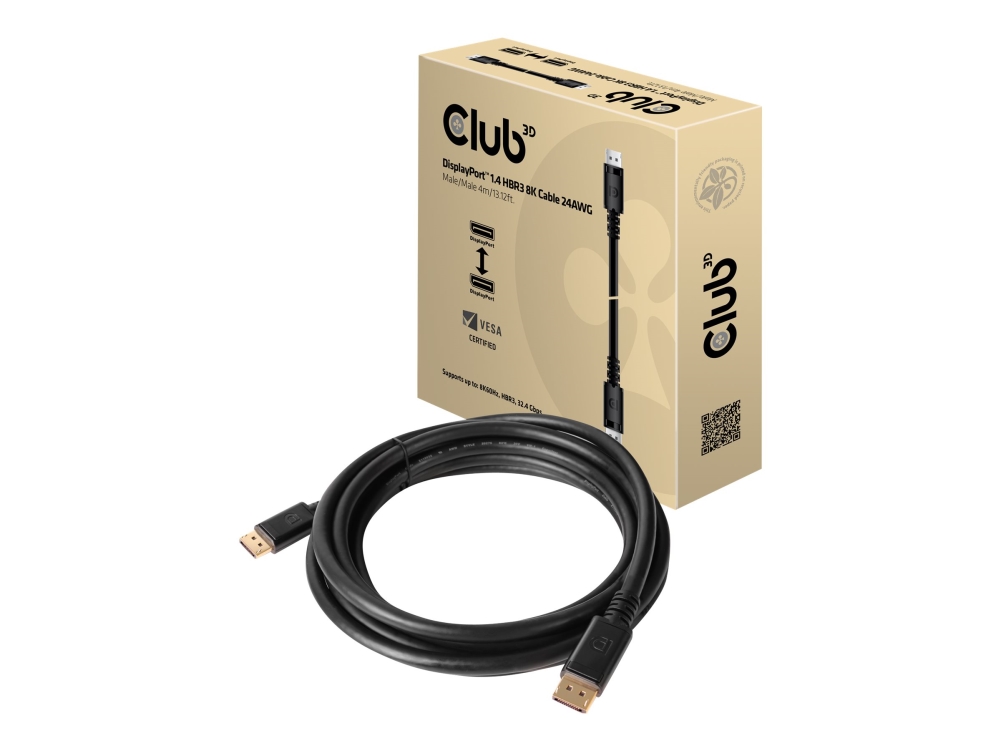Club 3D - Displayport Kabel - Displayport (Han) Til Displayport (Han) - Displayport 1.4 - 4 M - Sort