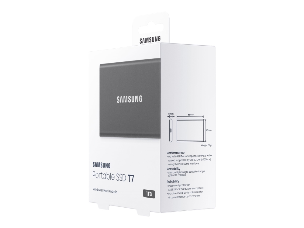 Samsung Portable Ssd T7, 1000 Gb, Usb Typ-C, 3.2 Gen 2 (3.1 Gen 2), 1050 Mb/S, Passwortschutz, Grau