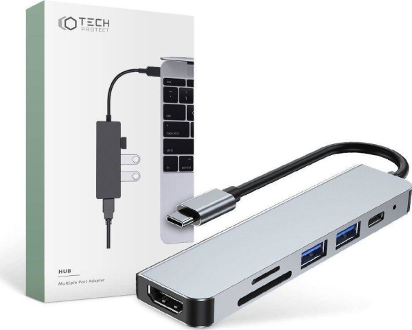 Hub Tech-Protect V4 6-I-1 Usb-C Til Usb-A 3.0/Usb-A 2.0/Usb-C/Hdmi/Micro Sd/Tf/Sd-Kortlæser - Grå