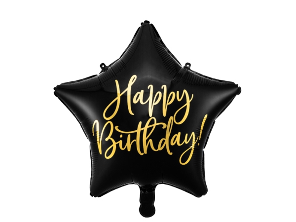 Folieballon Happy Birthday, sort stjerne