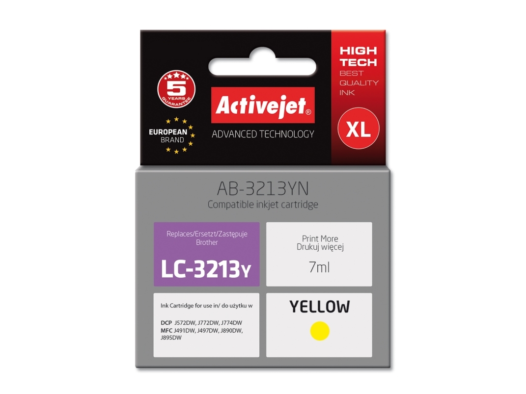 Activejet Ab-3213Yn Printerblæk Til Brother, Brother Lc3213y Udskiftning Supreme 7 Ml Gul, Standard Udbytte, Gul, Farvebaseret Blæk, 7 Ml, 1 Stk,