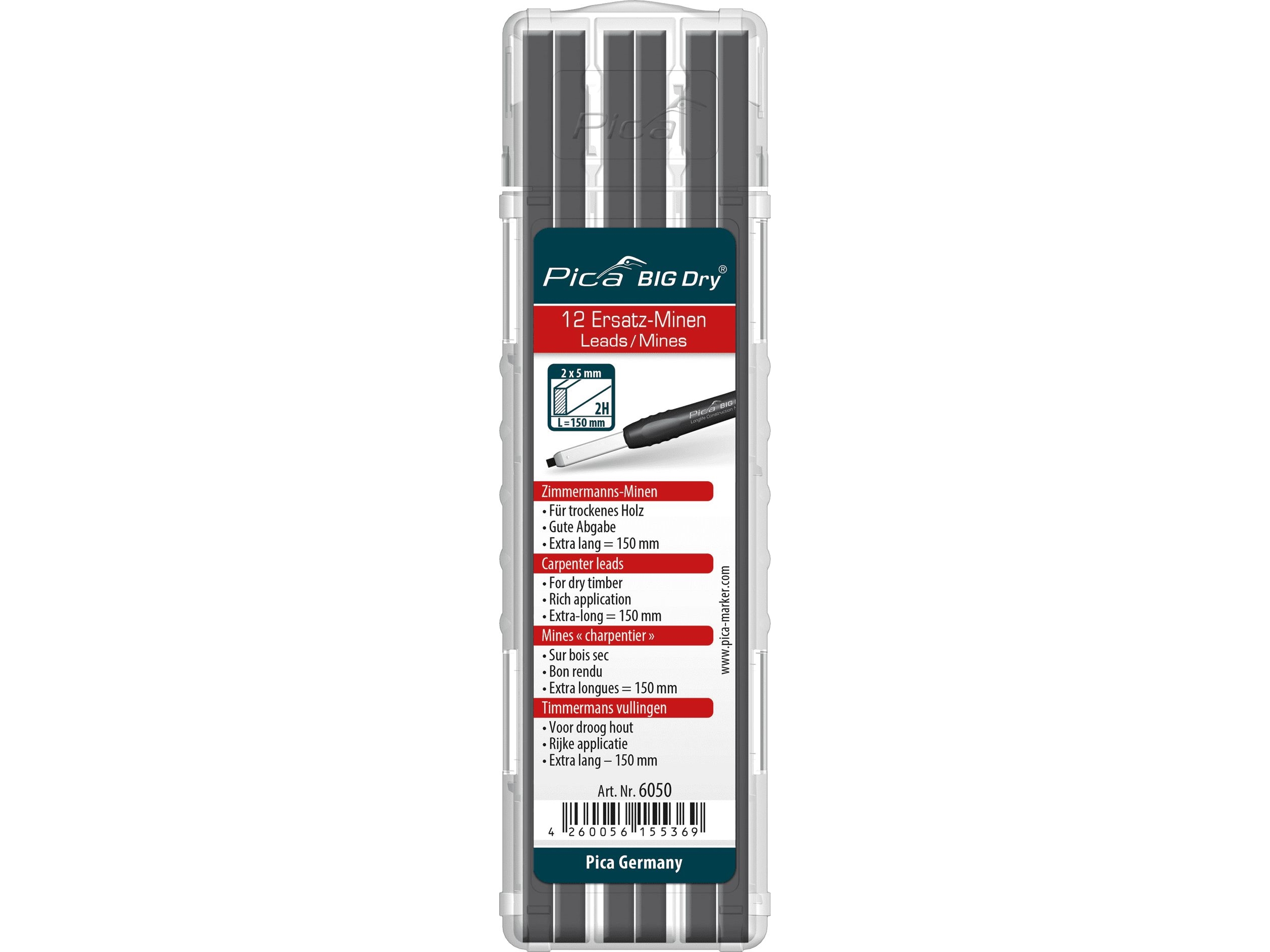 Pica BIG Dry refills, Carpenter, grafito spalvos 2H (keičiamos šerdelės) 12 vnt.