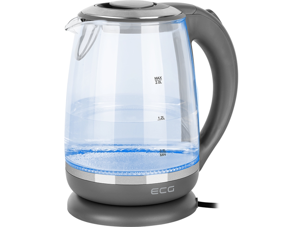 Ecg Elektrinis Virdulys Rk 2020 Pilkas Glass, 2 L, 360° Base With Power Cord Storage, Melyna Backlight, 1850-2200 W