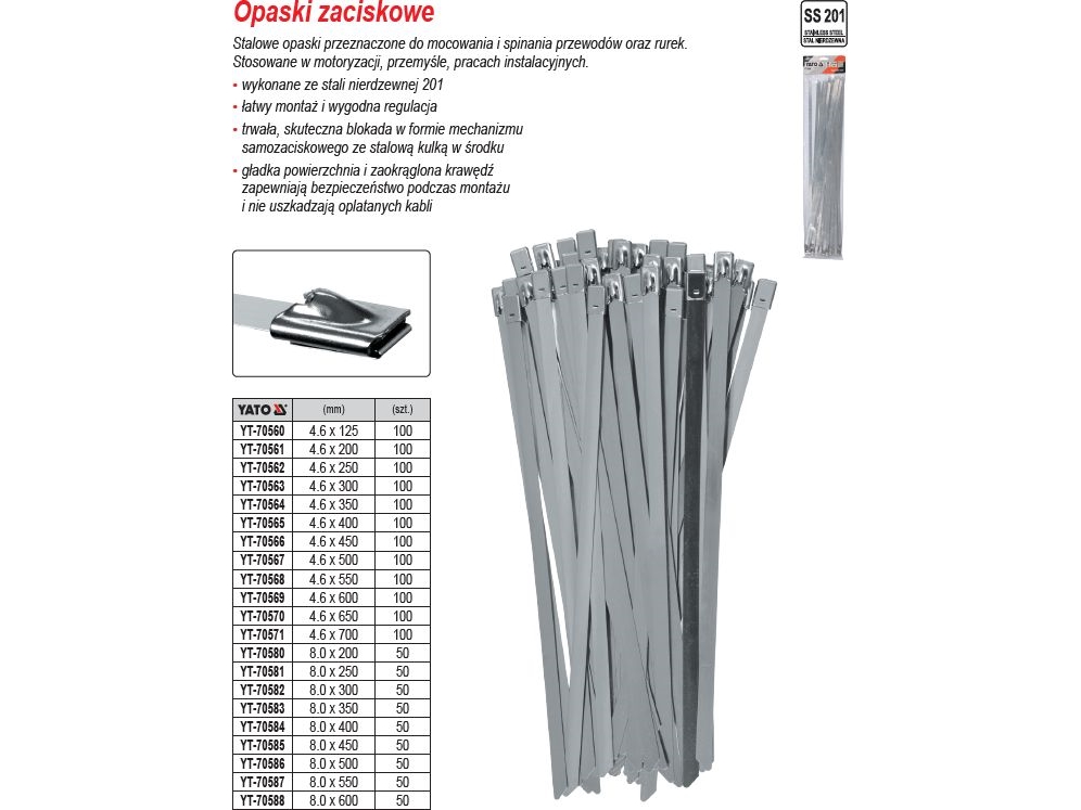 Toya `Clip 4,6x300mm, pakke a 100 stk rustfrit stål SS201