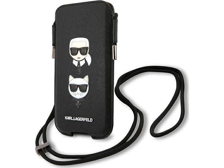 Karl Lagerfeld Saffiano Ikonik Karl&Choupette Head 6.7" Taske - Sort