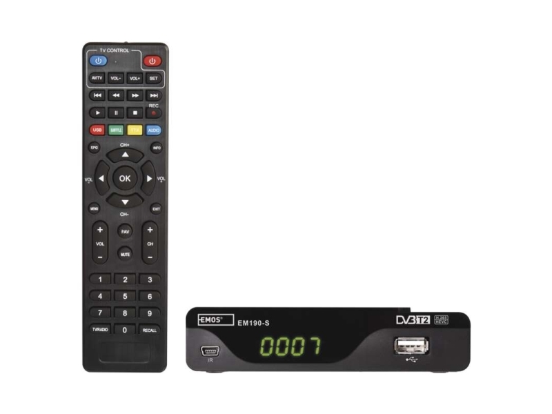 Emos EM190-S, Satellit, Fuld HD, DVB-T, DVB-T2, 480i, 480p, 576i, 576p, 720p, 1080i, 1080p, 4:3, 16:9, AVI, DAT, H.264, H.265, HEVC, MKV, MOV, MPEG1, MPEG2, MPEG4, MPG, TRP, TS, VOB