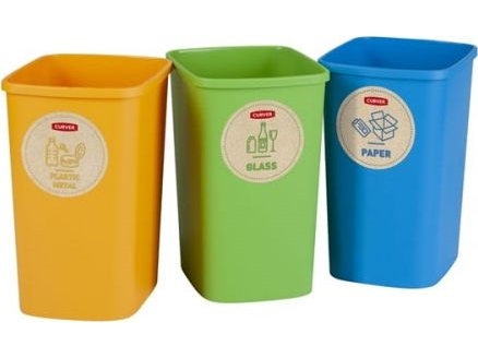 Curver Mülleimer-Set Deco Flip Bin, Ohne Deckel, 3X10 L, Blau/Grün/Gelb