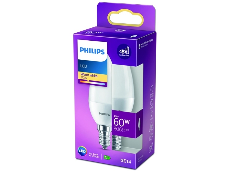Philips Kerzenlampe 60W B38 E14, 7 W, 60 W, E14, 806 Lm, 15000 H, Warmweiß