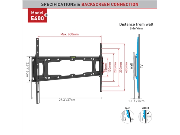 Barkan Mounting Systems E400+, 81,3 Cm (32"), 2,29 M (90"), 60 Kg, 75 X 75 Mm, 600 X 400 Mm, Sort
